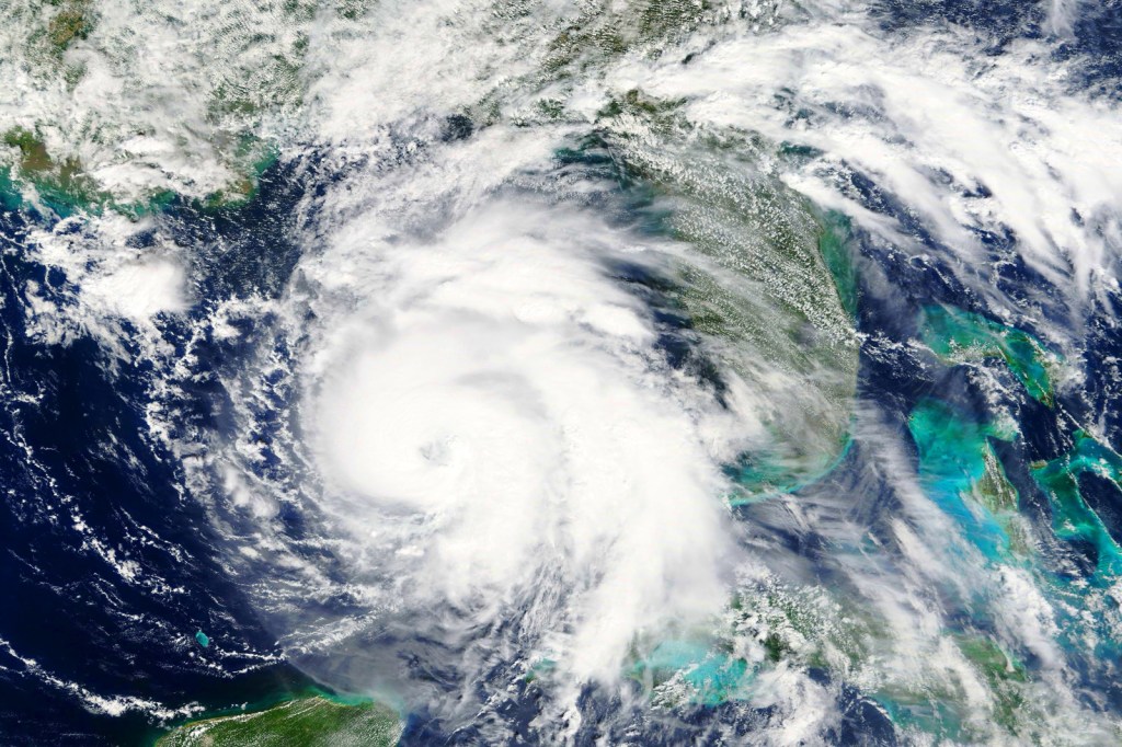 Satellite view of a powerful hurricane swirling over the Gulf of Mexico approaching the southeastern United States