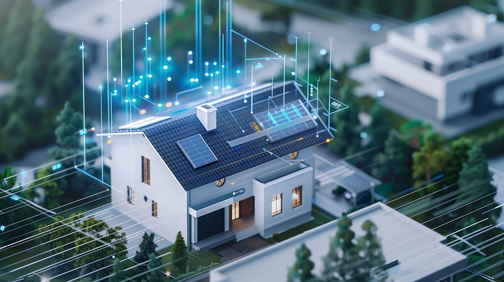 A modern house with solar panels on the roof, surrounded by digital connections and data streams, symbolizing smart home technology for sustainable energy in an urban environment.
