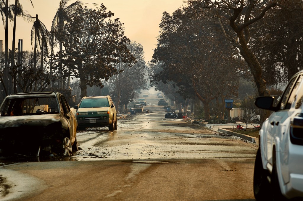 Burned vehicles and damaged neighborhood street after a wildfire, with smoke still lingering in the air
